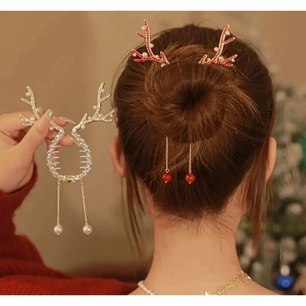 Rhinestone Christmas Reindeer Antlers Hair Clip with Faux Pearl Accent